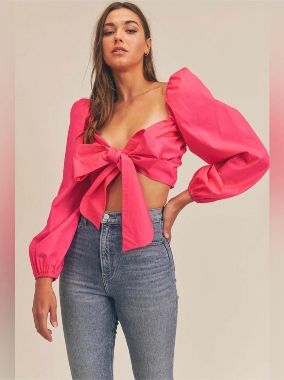 Mable Hot Pink Angel Front Ribbon Bow Tie Crop Top Coquette Barbie Preppy Sz S